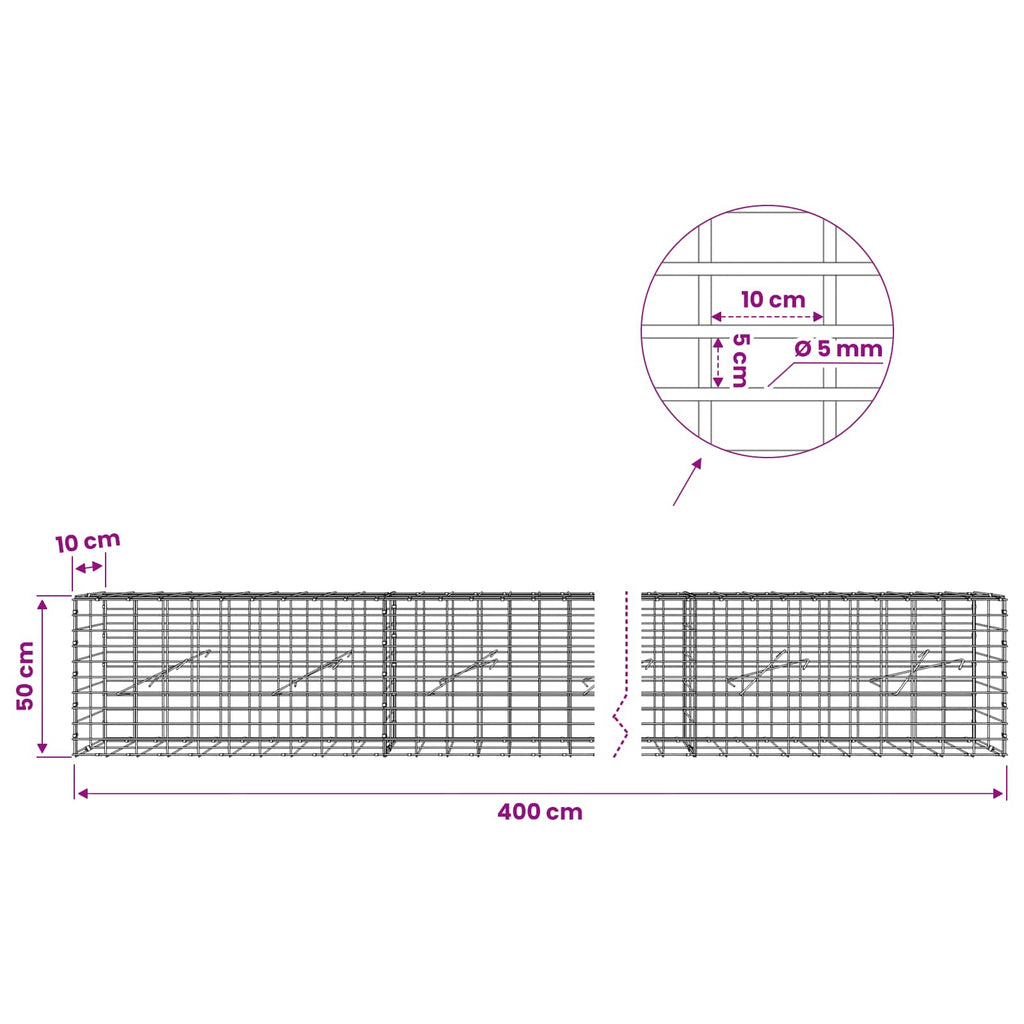 vidaXL Gabion z drutem 5 mm i siatką 5x10 cm 400x10x50 cm