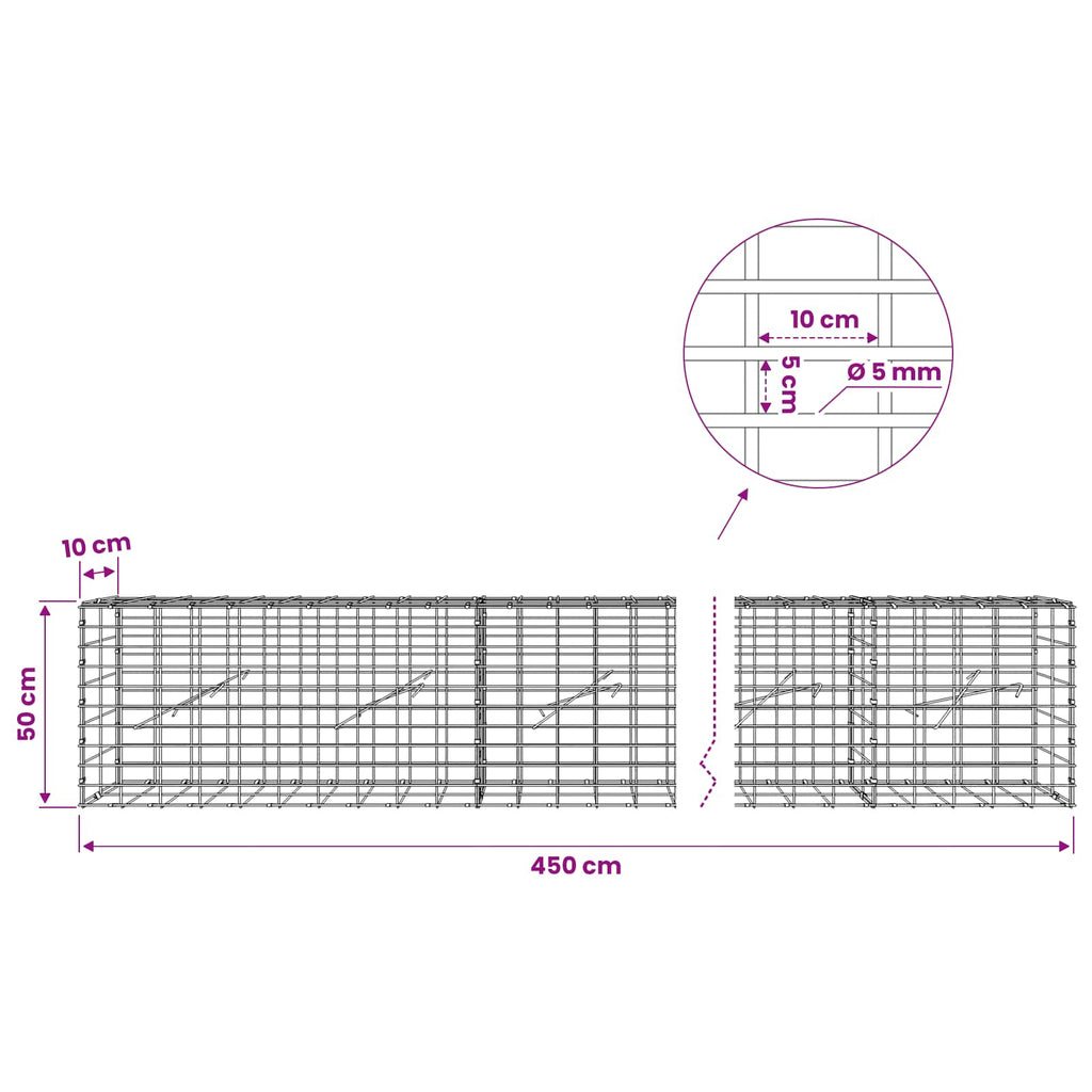 vidaXL Gabion z drutem 5 mm i siatką 5x10 cm 450x10x50 cm