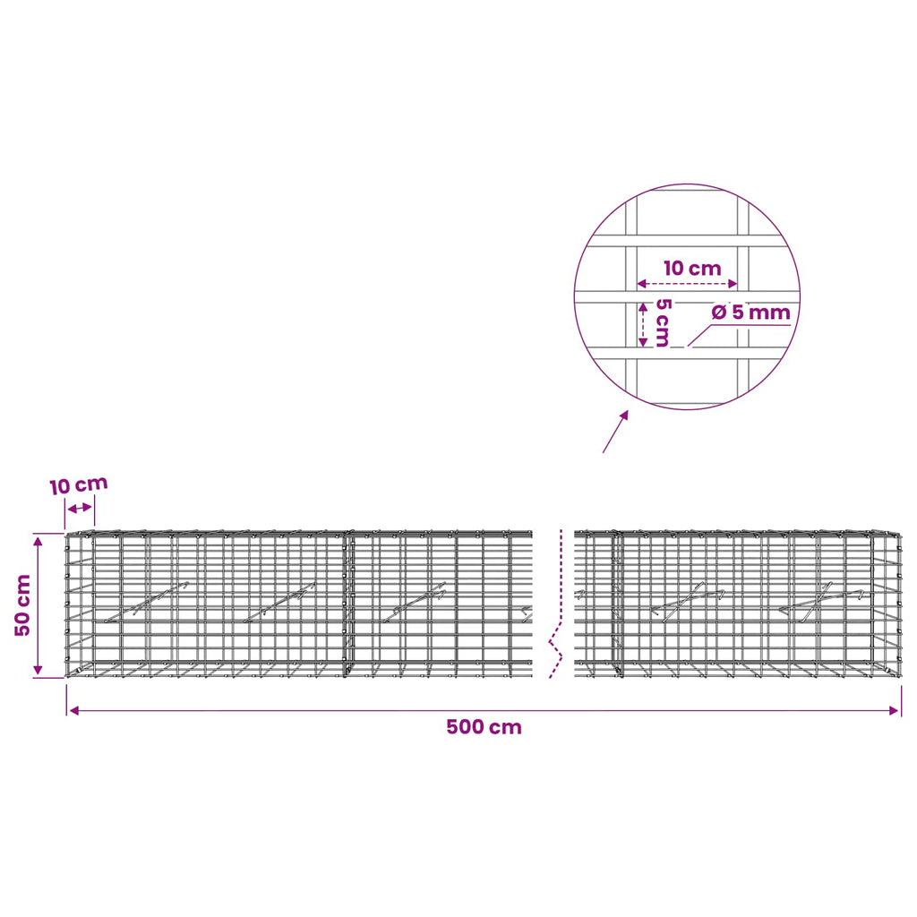 vidaXL Gabion z drutem 5 mm i siatką 5x10 cm 500x10x50 cm