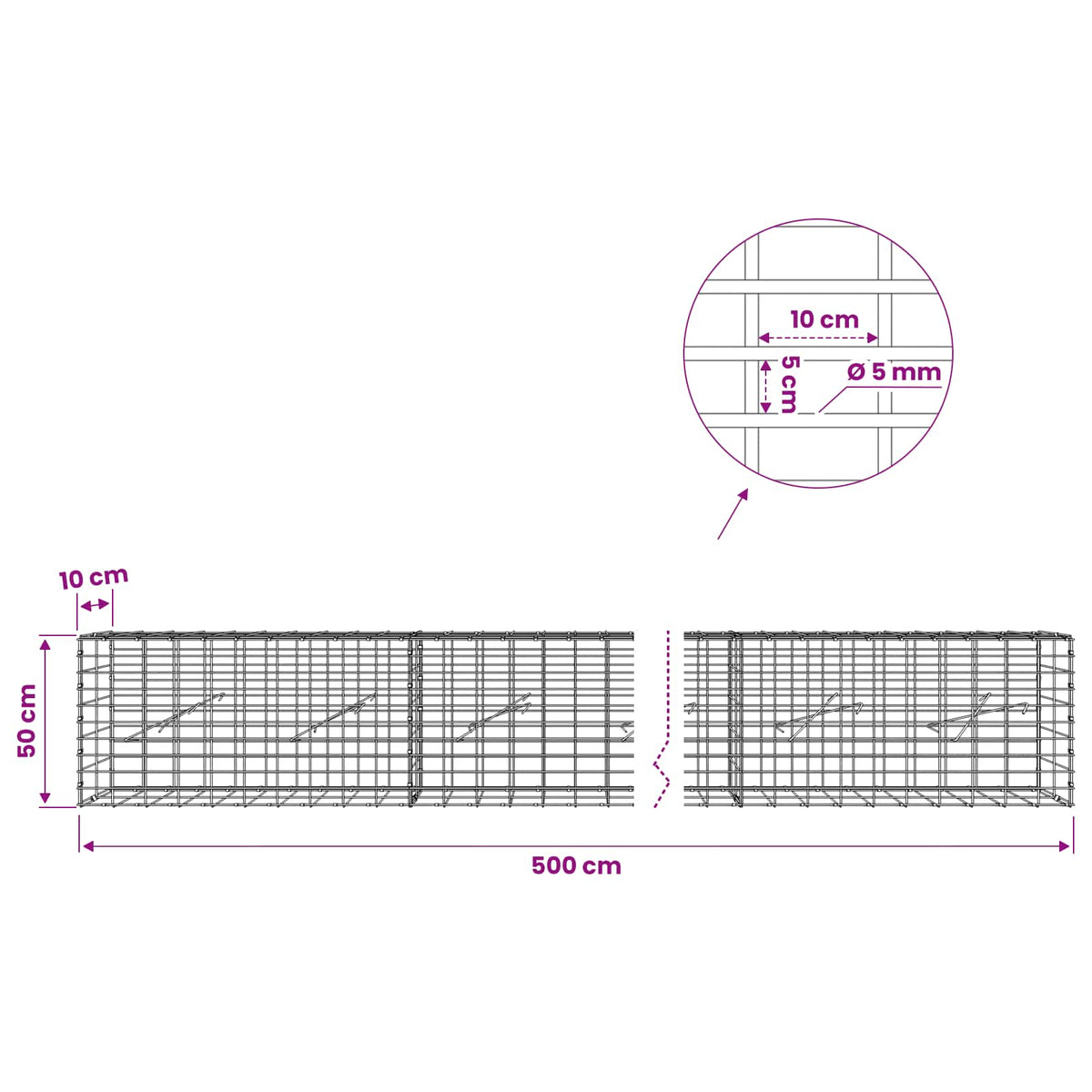 vidaXL Gabion z drutem 5 mm i siatką 5x10 cm 500x10x50 cm