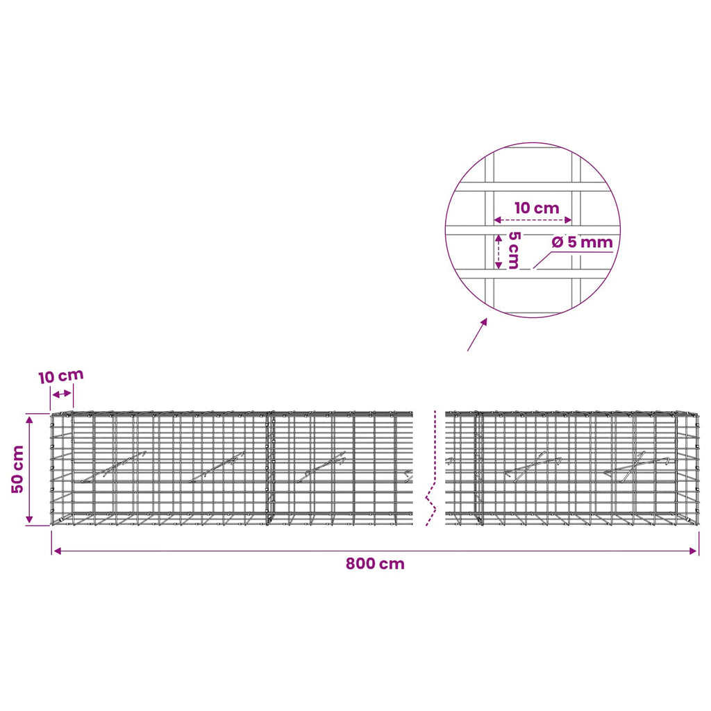 vidaXL Gabion z drutem 5 mm i siatką 5x10 cm 800x10x50 cm