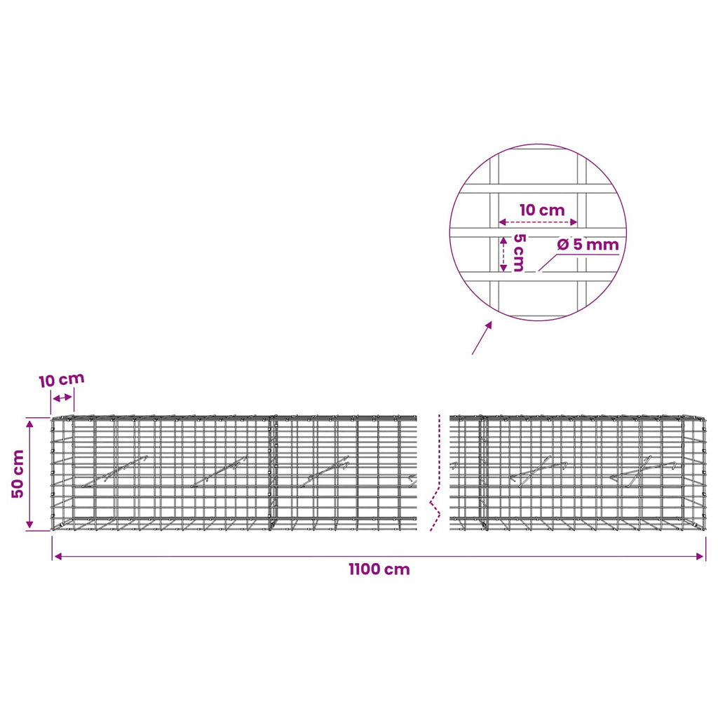 vidaXL Gabion z drutem 5 mm i siatką 5x10 cm 1100x10x50 cm