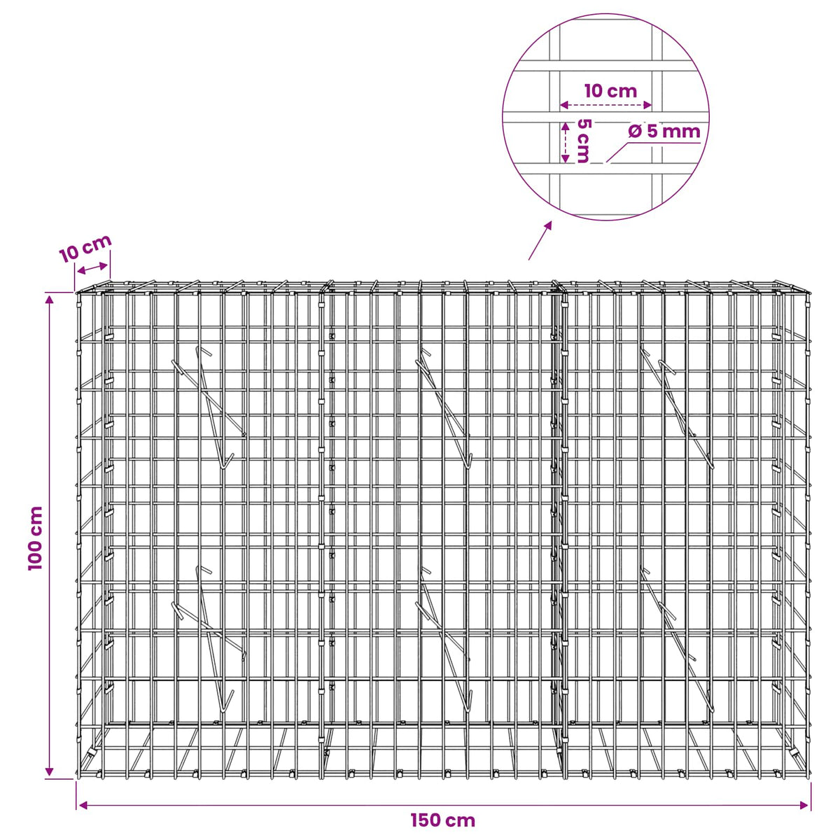 vidaXL Gabion z drutem 5 mm i siatką 5x10 cm 150x10x100 cm