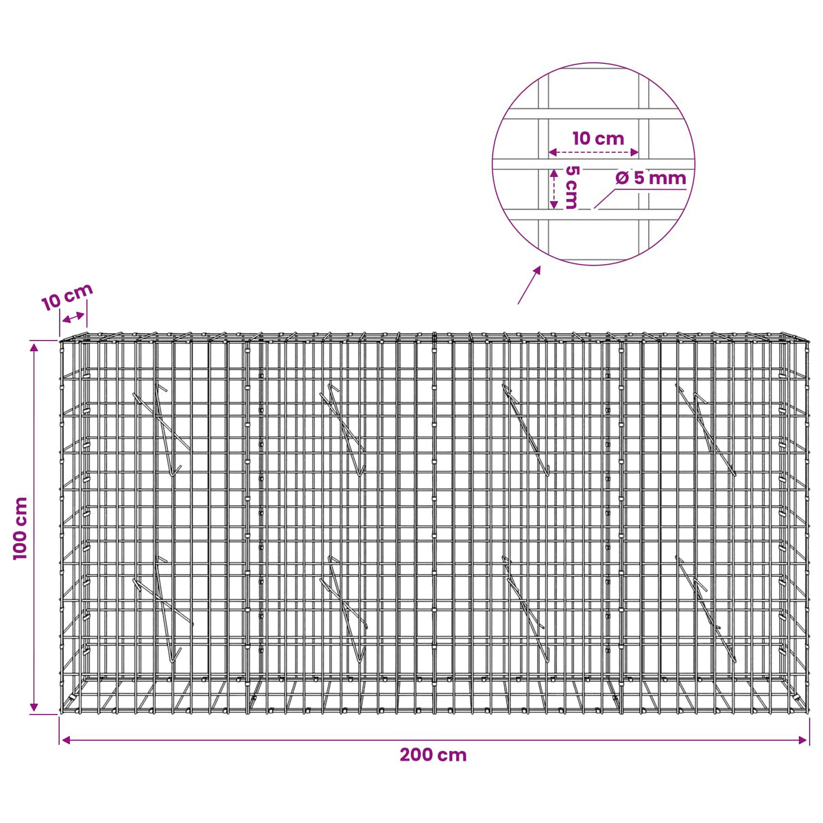 vidaXL Gabion z drutem 5 mm i siatką 5x10 cm 200x10x100 cm