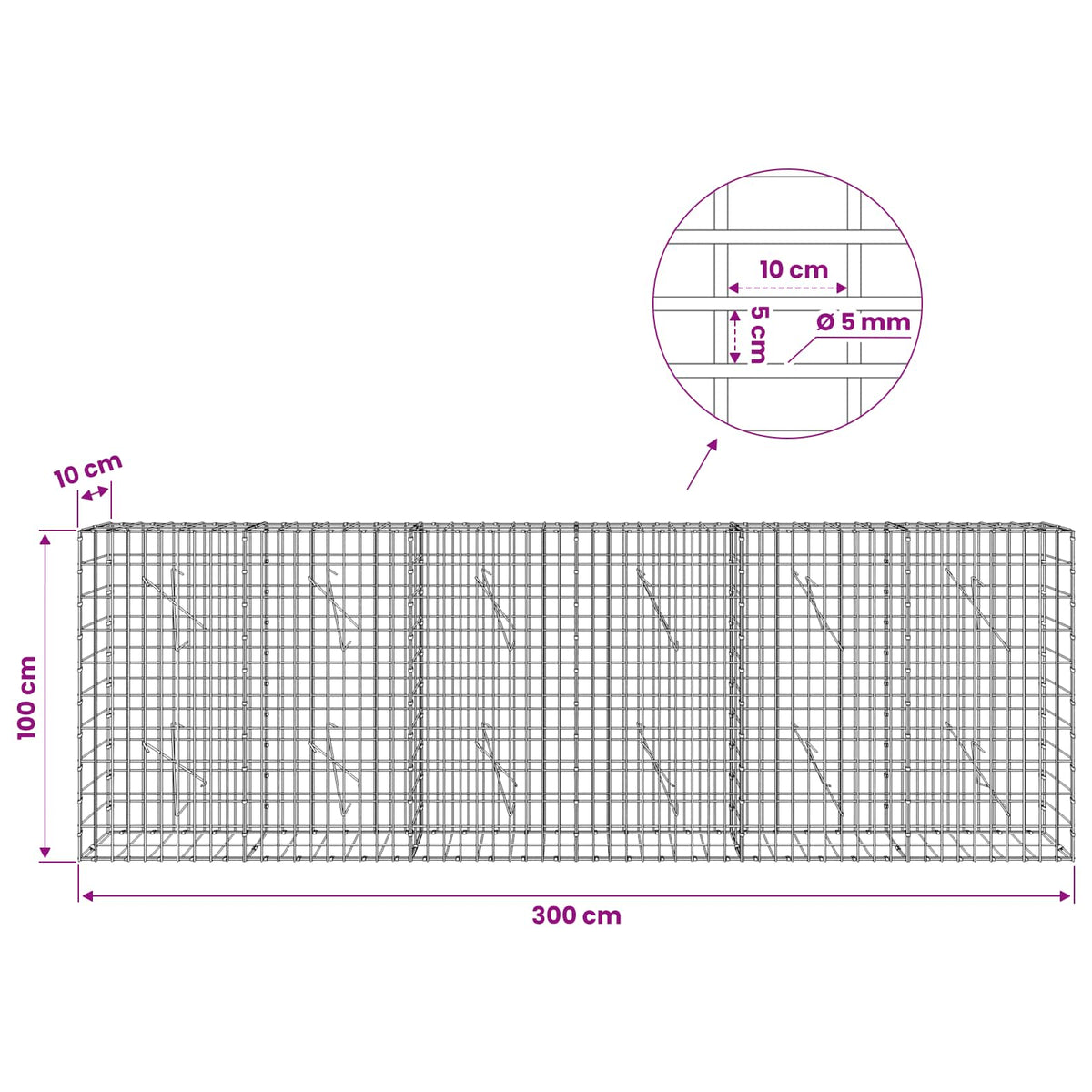 vidaXL Gabion z drutem 5 mm i siatką 5x10 cm 300x10x100 cm