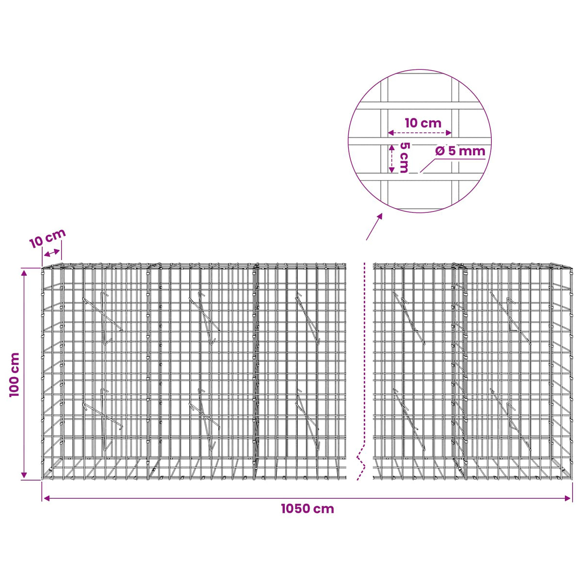 vidaXL Gabion z drutem 5 mm i siatką 5x10 cm 1050x10x100 cm