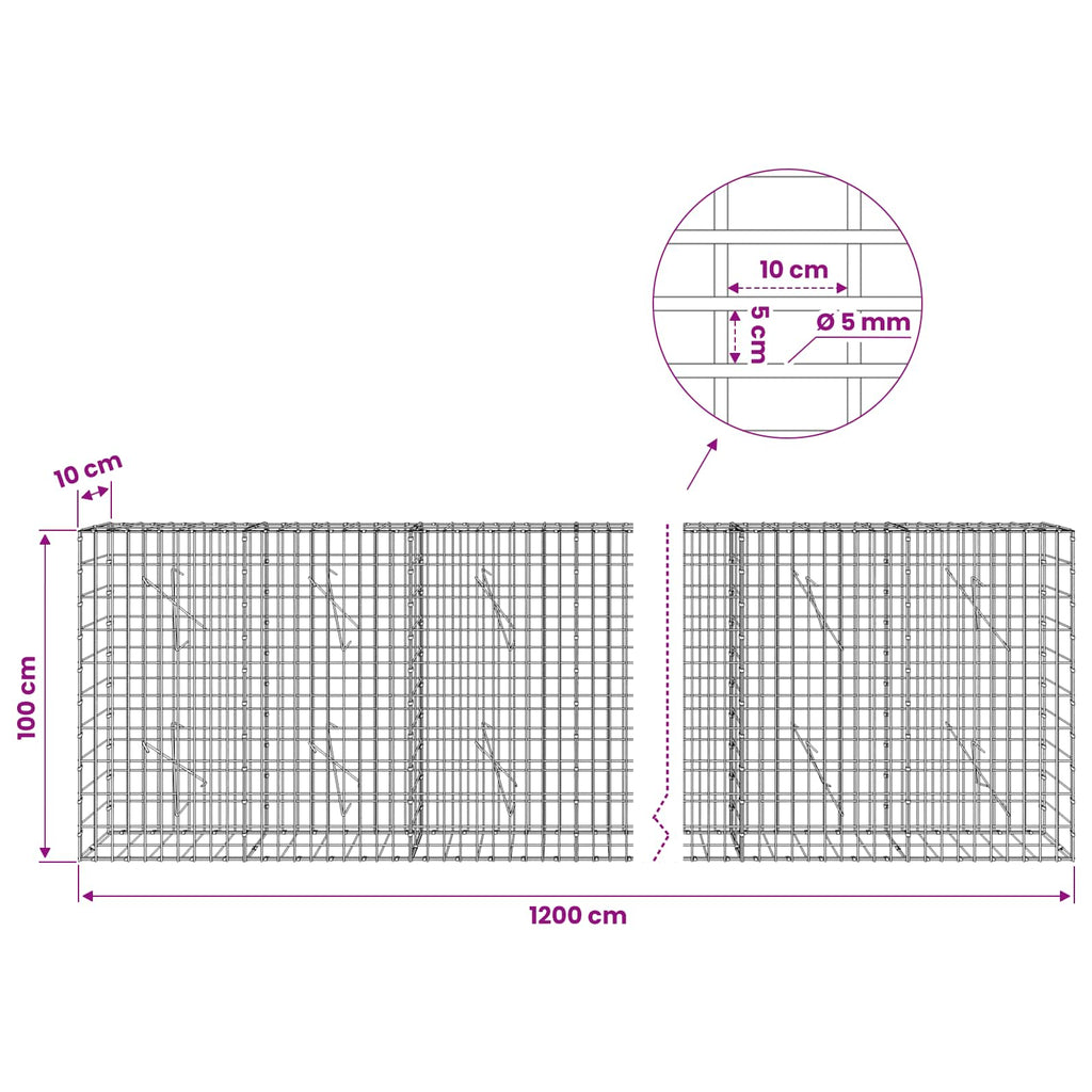 vidaXL Gabion z drutem 5 mm i siatką 5x10 cm 1200x10x100 cm
