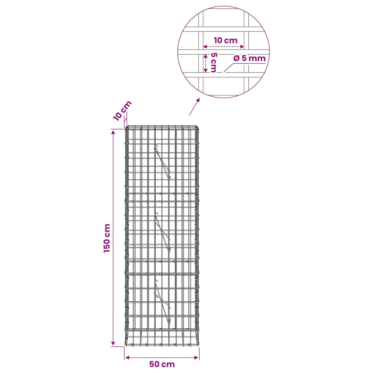 vidaXL Gabion z drutem 5 mm i siatką 5x10 cm 50x10x150 cm