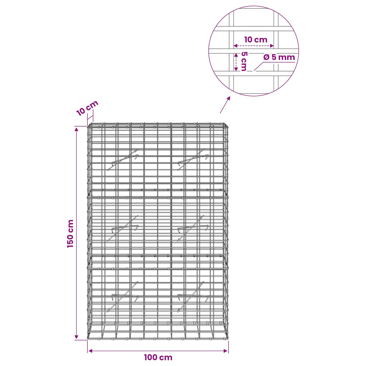 vidaXL Gabion z drutem 5 mm i siatką 5x10 cm 100x10x150 cm
