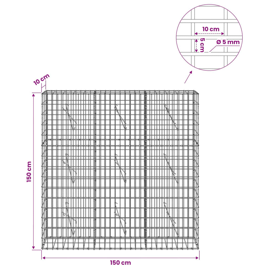 vidaXL Gabion z drutem 5 mm i siatką 5x10 cm 150x10x150 cm