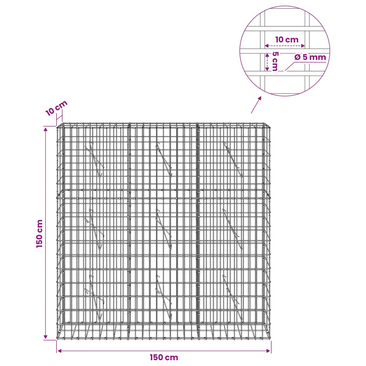 vidaXL Gabion z drutem 5 mm i siatką 5x10 cm 150x10x150 cm