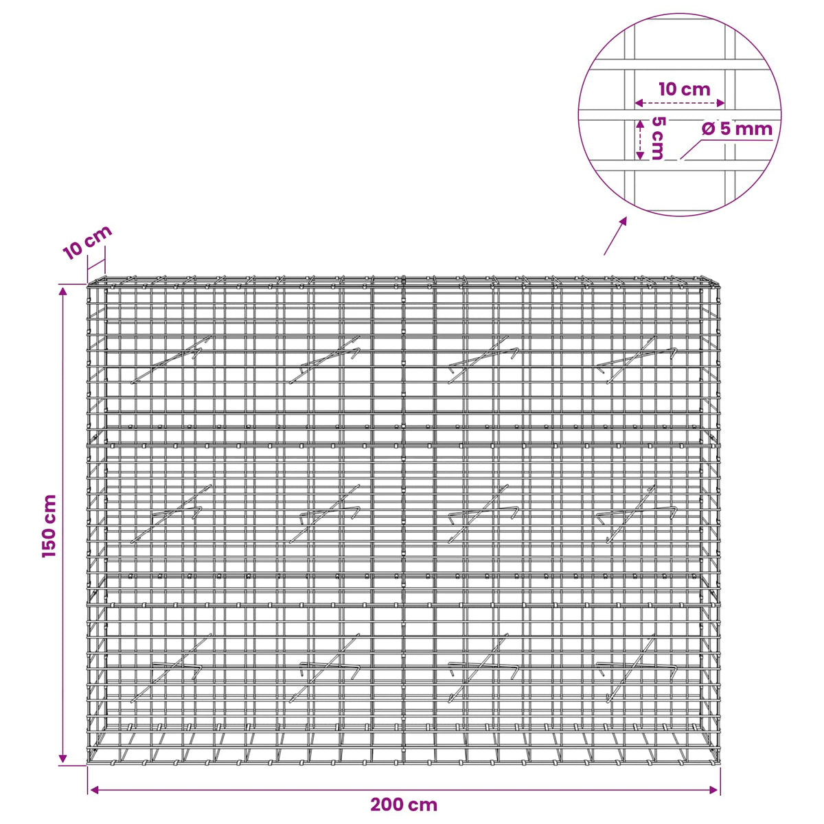 vidaXL Gabion z drutem 5 mm i siatką 5x10 cm 200x10x150 cm