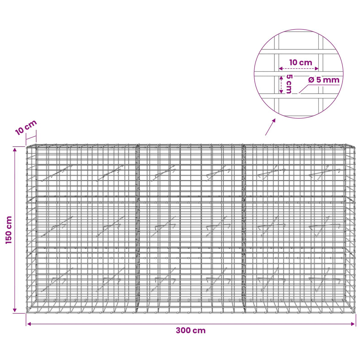 vidaXL Gabion z drutem 5 mm i siatką 5x10 cm 300x10x150 cm