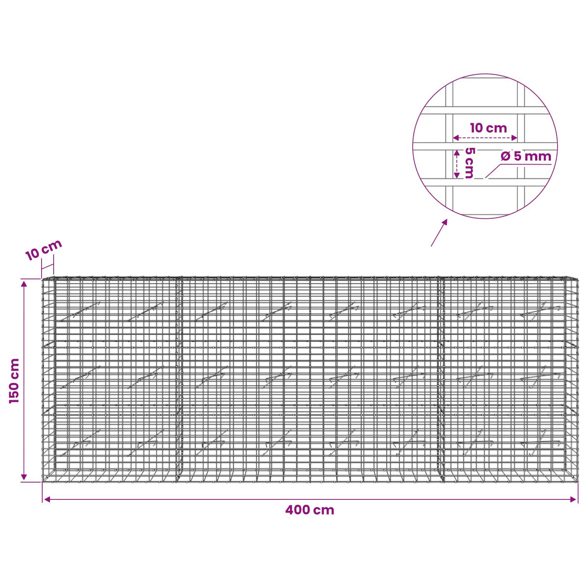 vidaXL Gabion z drutem 5 mm i siatką 5x10 cm 400x10x150 cm