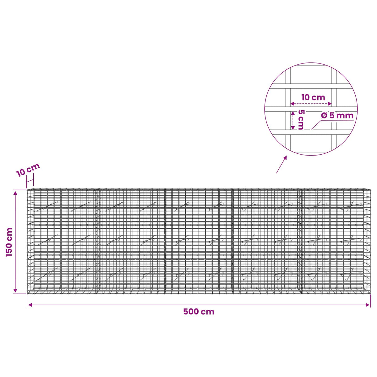 vidaXL Gabion z drutem 5 mm i siatką 5x10 cm 500x10x150 cm