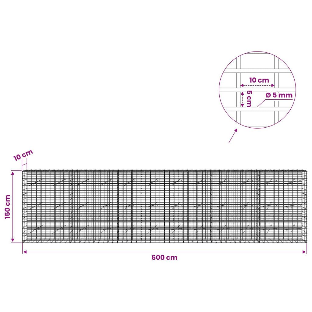 vidaXL Gabion z drutem 5 mm i siatką 5x10 cm 600x10x150 cm