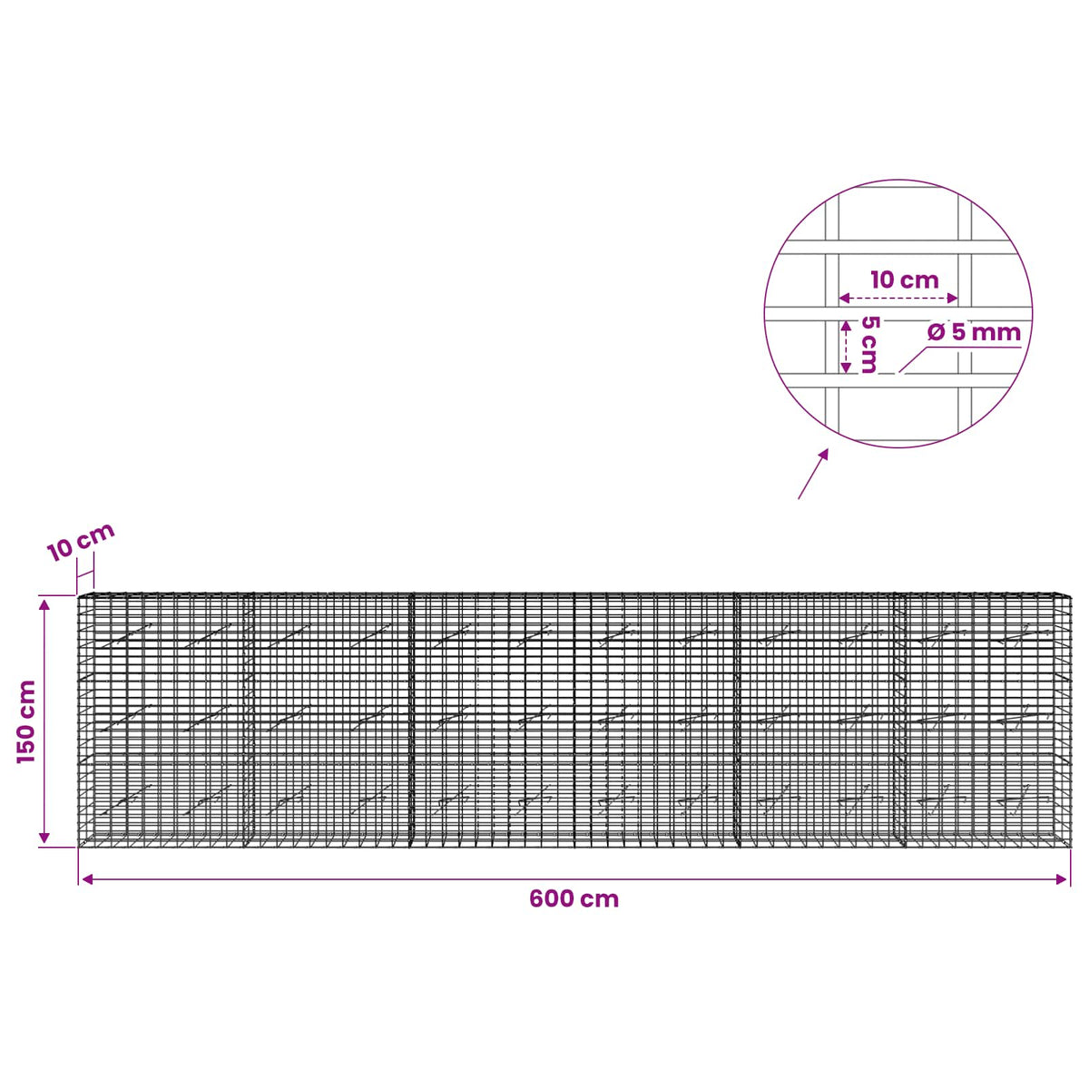 vidaXL Gabion z drutem 5 mm i siatką 5x10 cm 600x10x150 cm