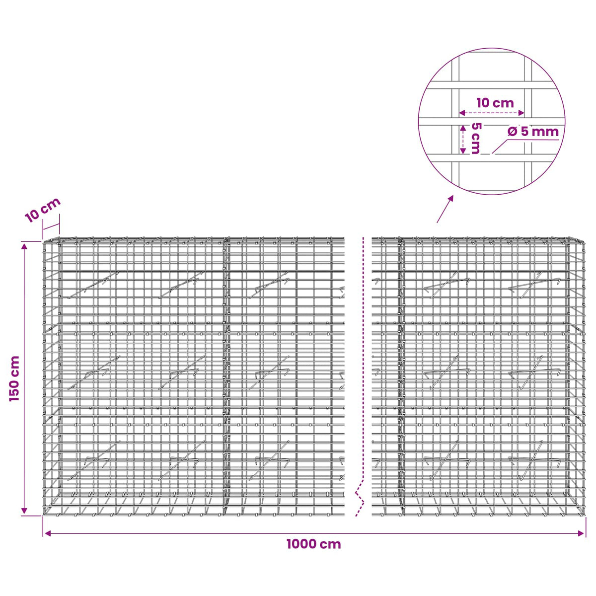 vidaXL Gabion z drutem 5 mm i siatką 5x10 cm 1000x10x150 cm