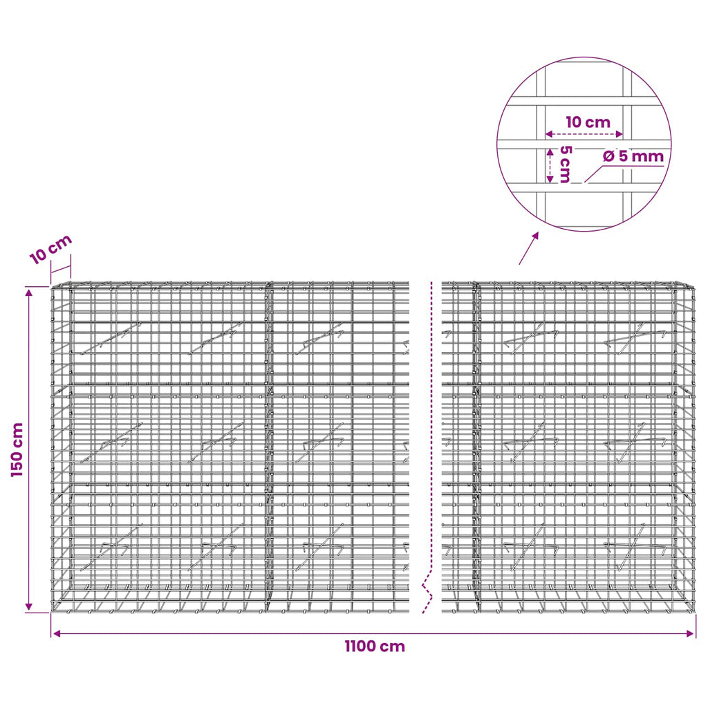 vidaXL Gabion z drutem 5 mm i siatką 5x10 cm 1100x10x150 cm