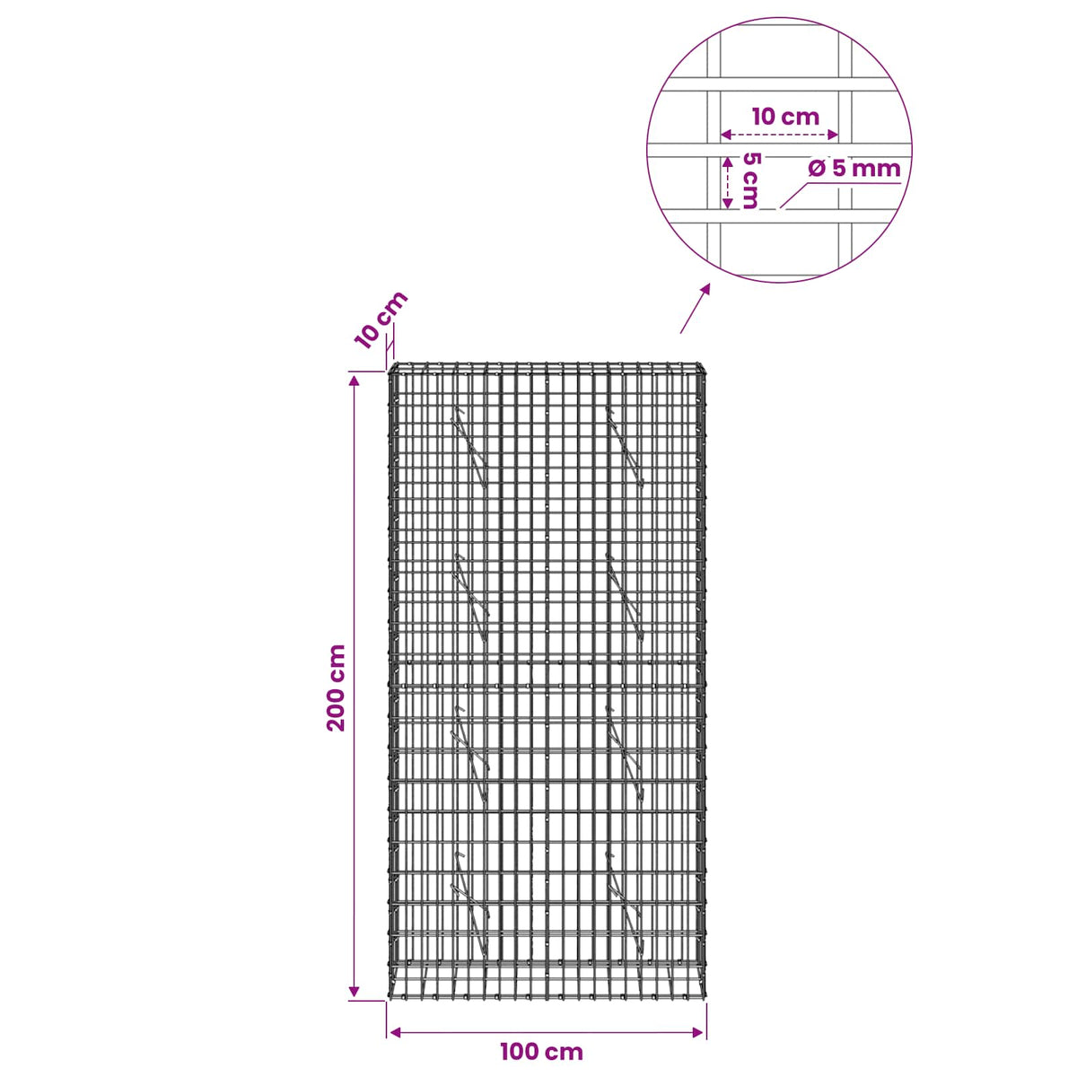 vidaXL Gabion z drutem 5 mm i siatką 5x10 cm 100x10x200 cm