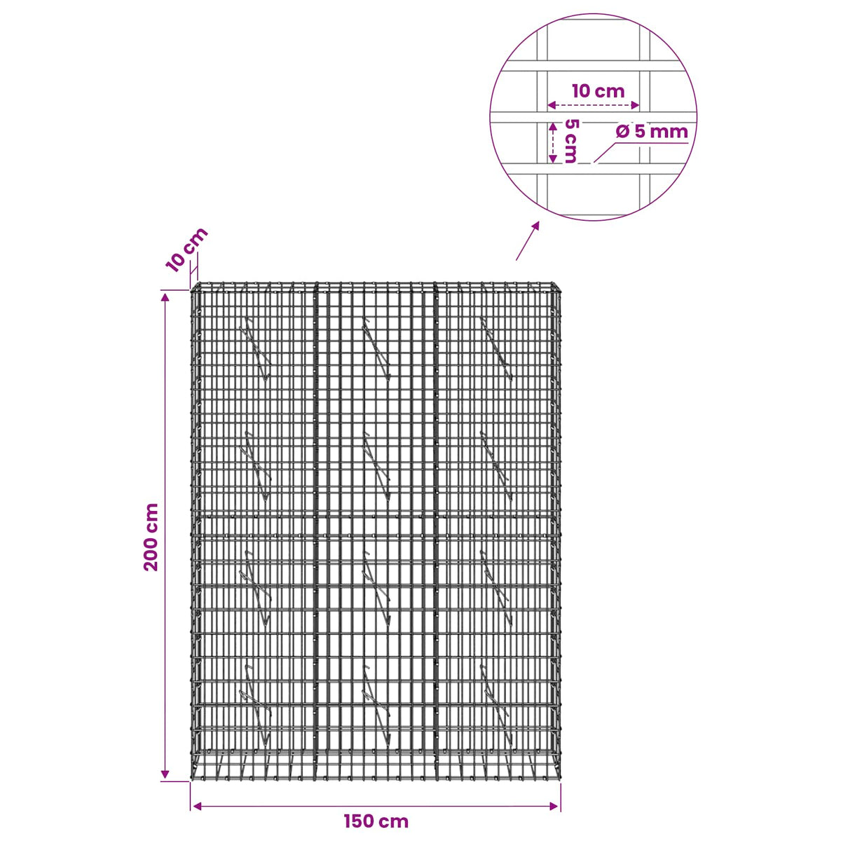 vidaXL Gabion z drutem 5 mm i siatką 5x10 cm 150x10x200 cm