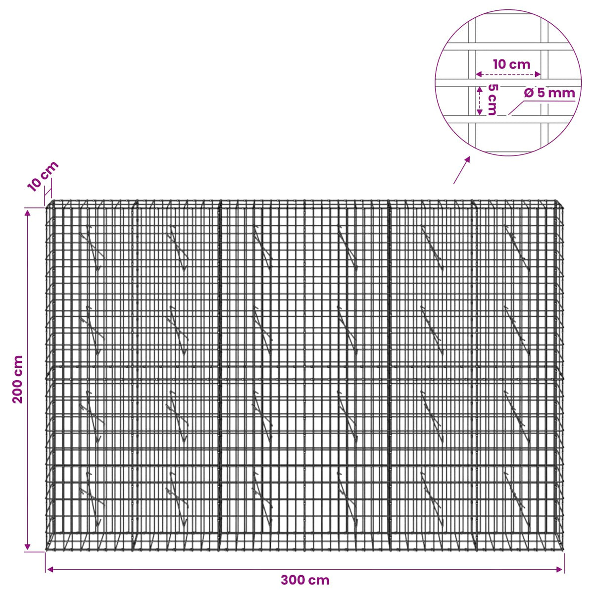 vidaXL Gabion z drutem 5 mm i siatką 5x10 cm 300x10x200 cm