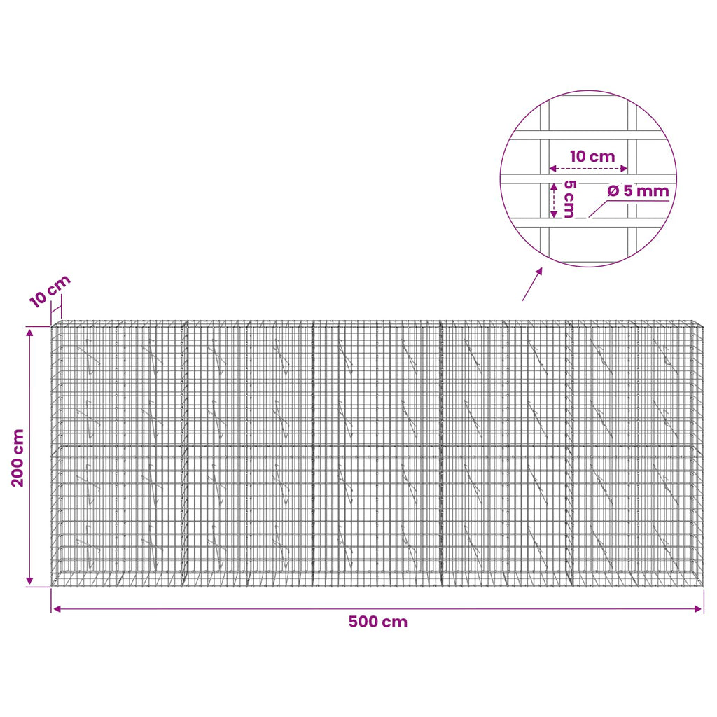 vidaXL Gabion z drutem 5 mm i siatką 5x10 cm 500x10x200 cm