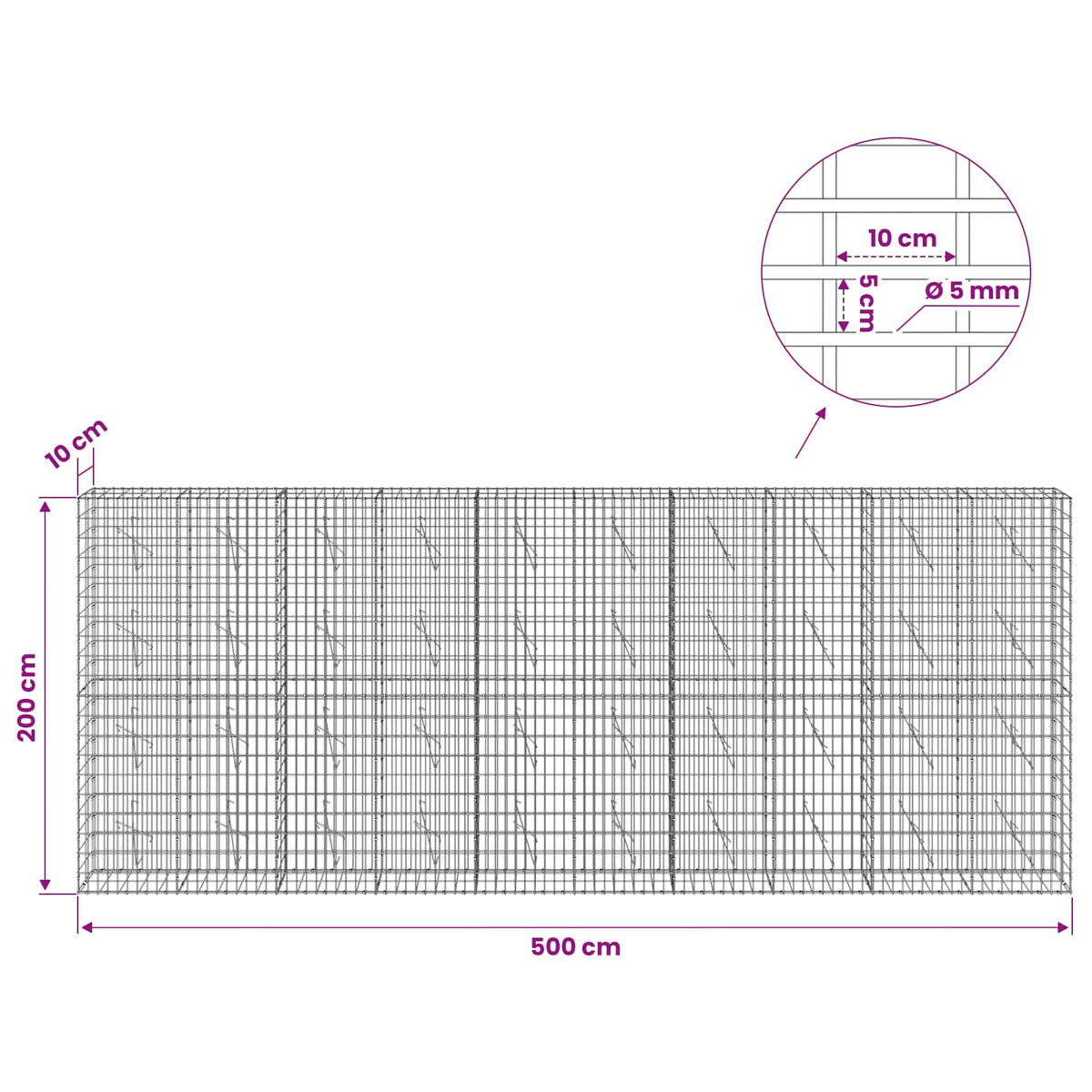 vidaXL Gabion z drutem 5 mm i siatką 5x10 cm 500x10x200 cm