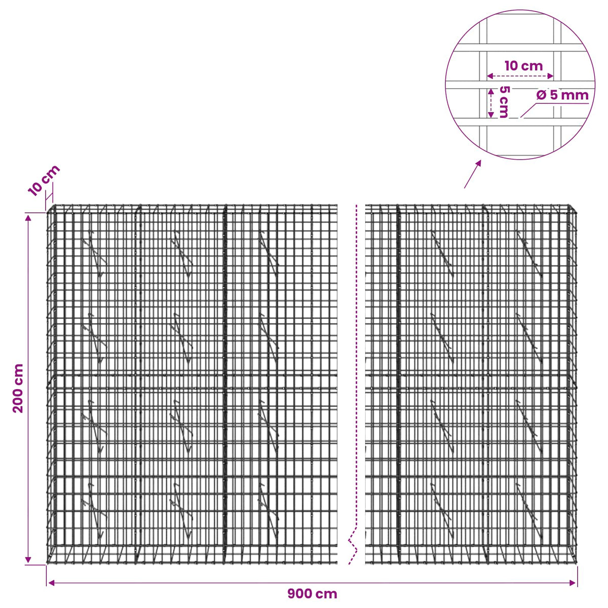 vidaXL Gabion z drutem 5 mm i siatką 5x10 cm 900x10x200 cm