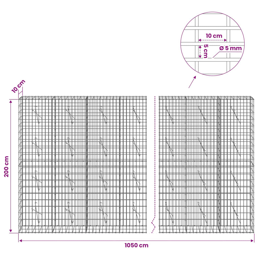 vidaXL Gabion z drutem 5 mm i siatką 5x10 cm 1050x10x200 cm