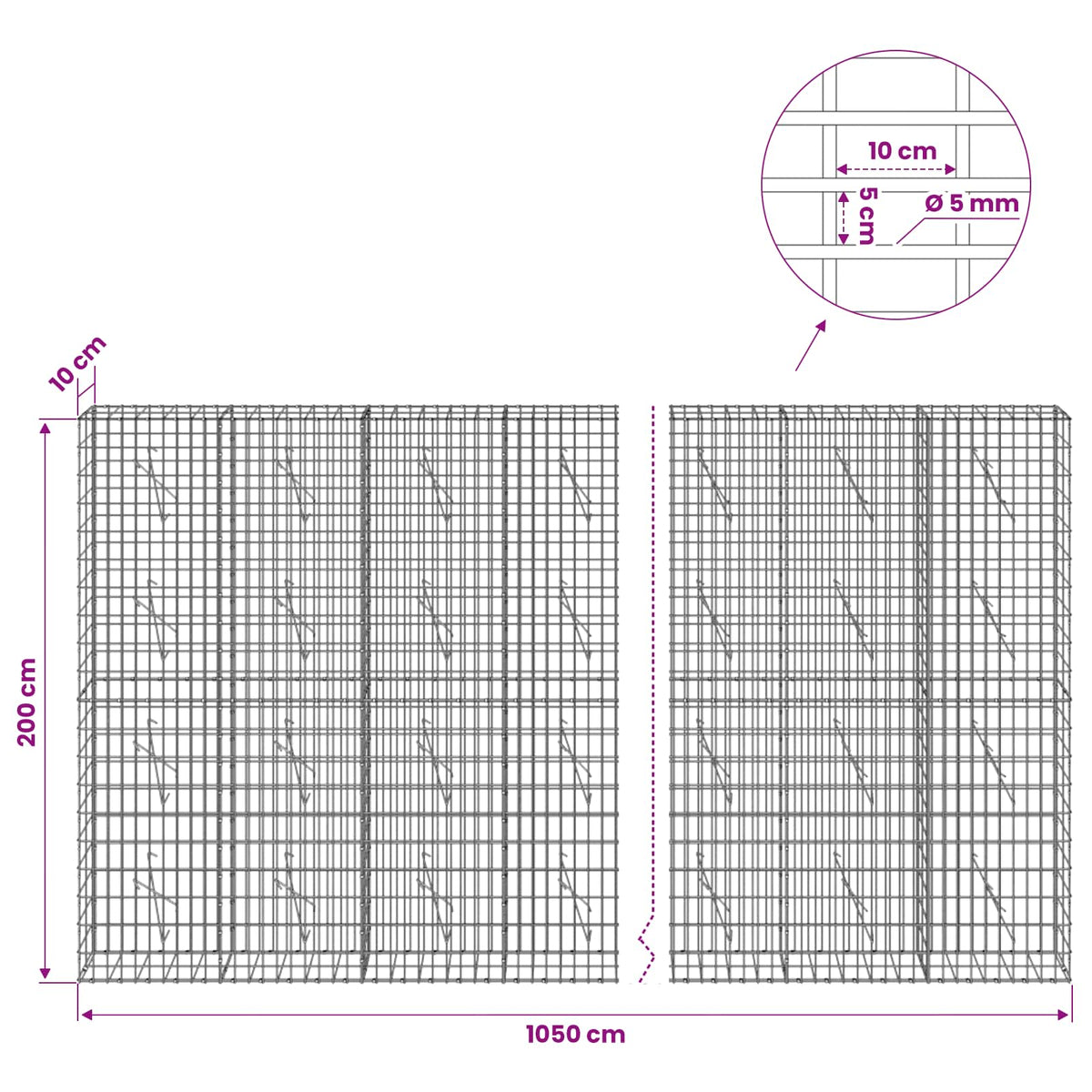 vidaXL Gabion z drutem 5 mm i siatką 5x10 cm 1050x10x200 cm