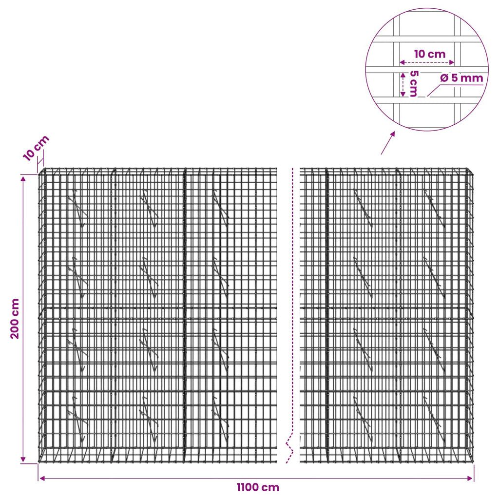 vidaXL Gabion z drutem 5 mm i siatką 5x10 cm 1100x10x200 cm