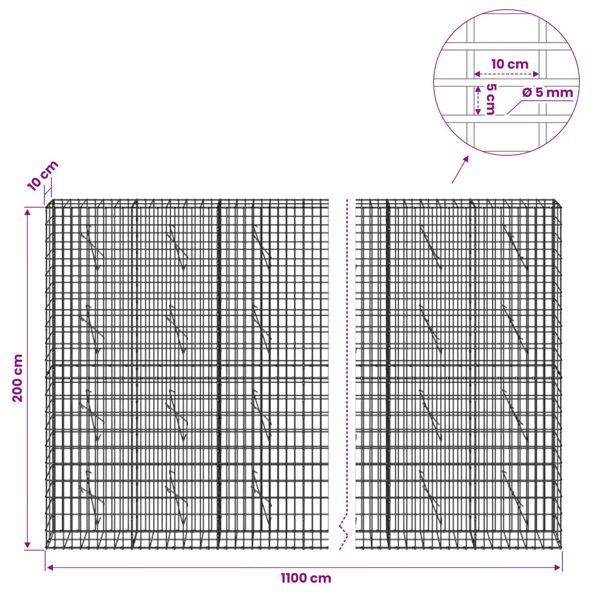 vidaXL Gabion z drutem 5 mm i siatką 5x10 cm 1100x10x200 cm