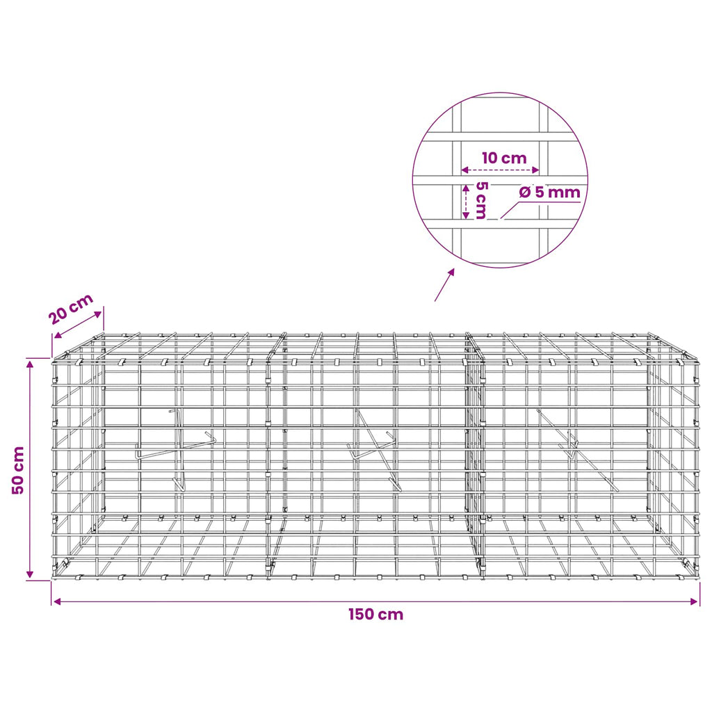 vidaXL Gabion z drutem 5 mm i siatką 5x10 cm 150x20x50 cm