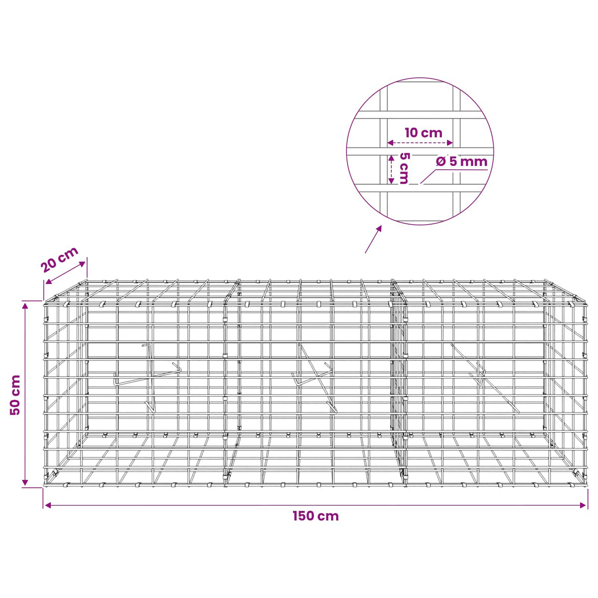 vidaXL Gabion z drutem 5 mm i siatką 5x10 cm 150x20x50 cm