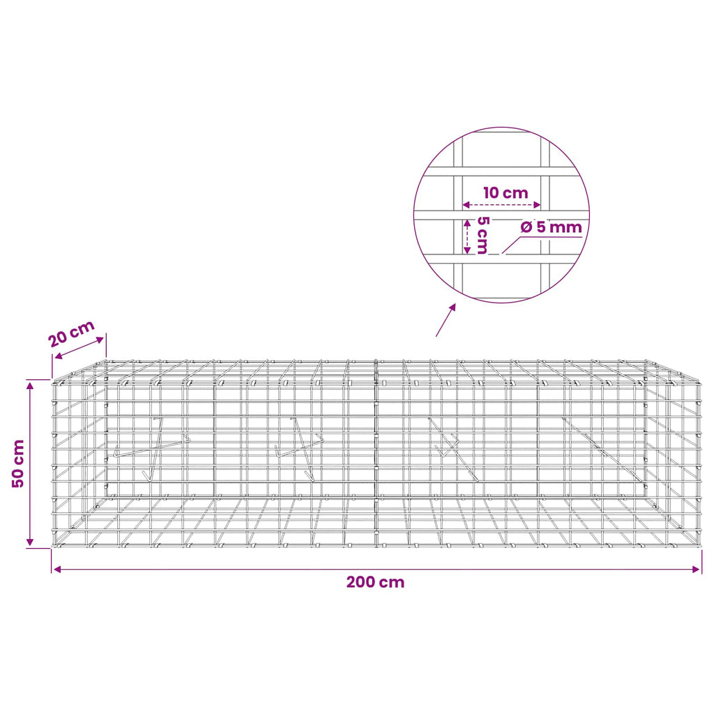 vidaXL Gabion z drutem 5 mm i siatką 5x10 cm 200x20x50 cm
