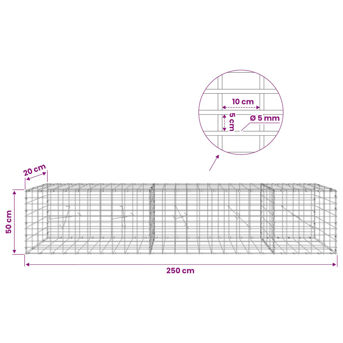 vidaXL Gabion z drutem 5 mm i siatką 5x10 cm 250x20x50 cm