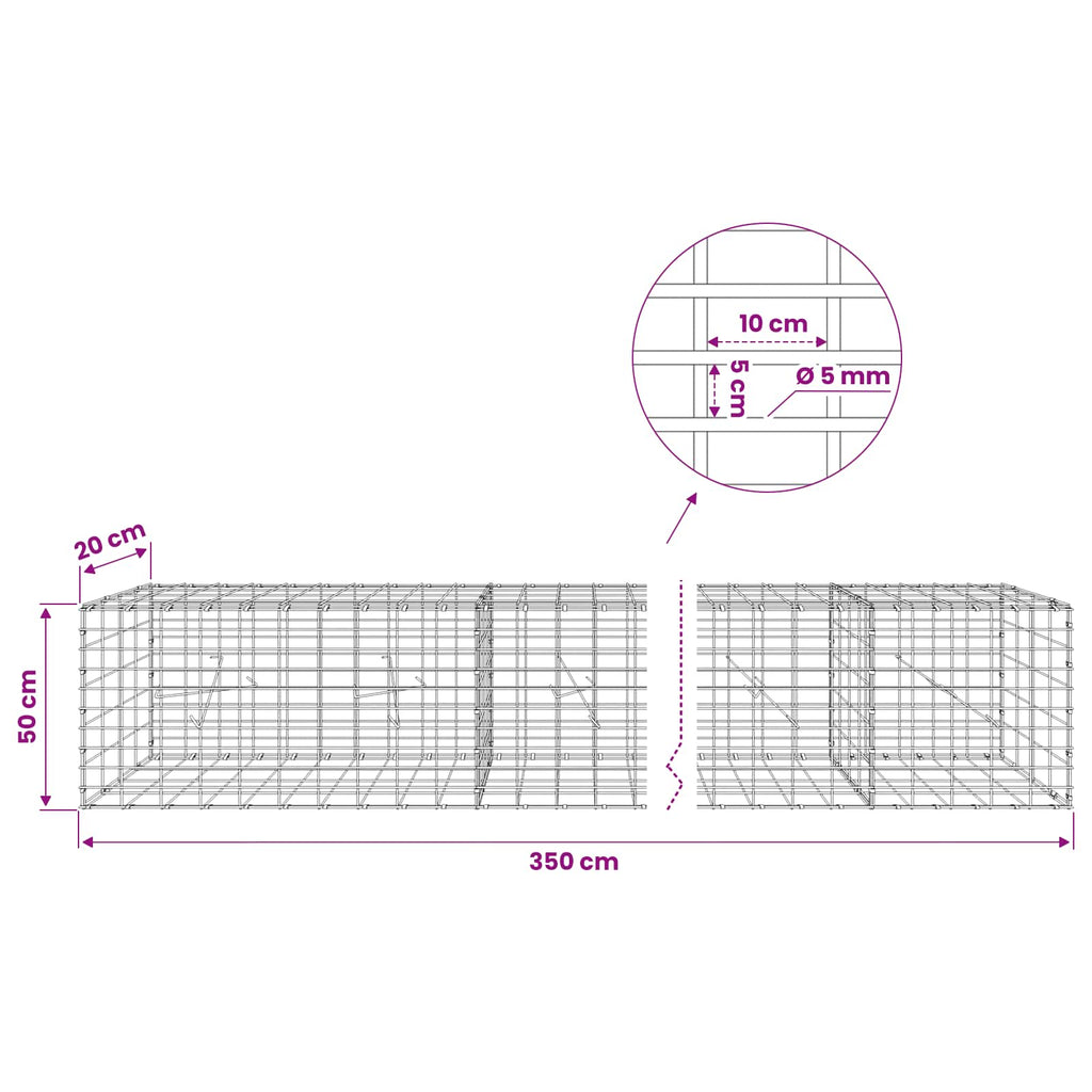 vidaXL Gabion z drutem 5 mm i siatką 5x10 cm 350x20x50 cm