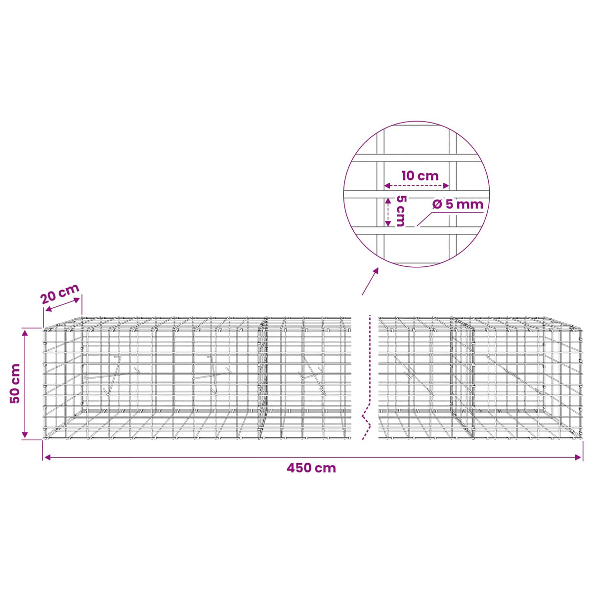 vidaXL Gabion z drutem 5 mm i siatką 5x10 cm 450x20x50 cm