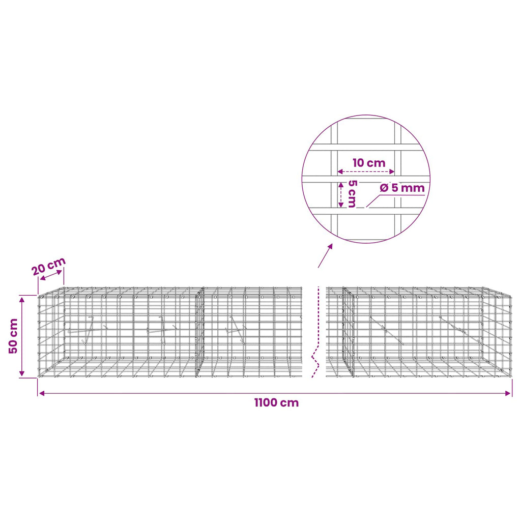 vidaXL Gabion z drutem 5 mm i siatką 5x10 cm 1100x20x50 cm