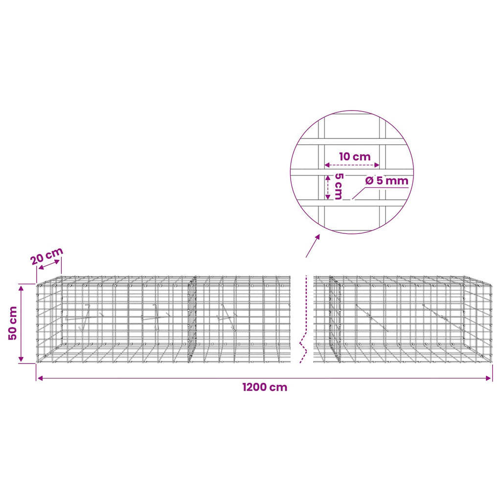 vidaXL Gabion z drutem 5 mm i siatką 5x10 cm 1200x20x50 cm