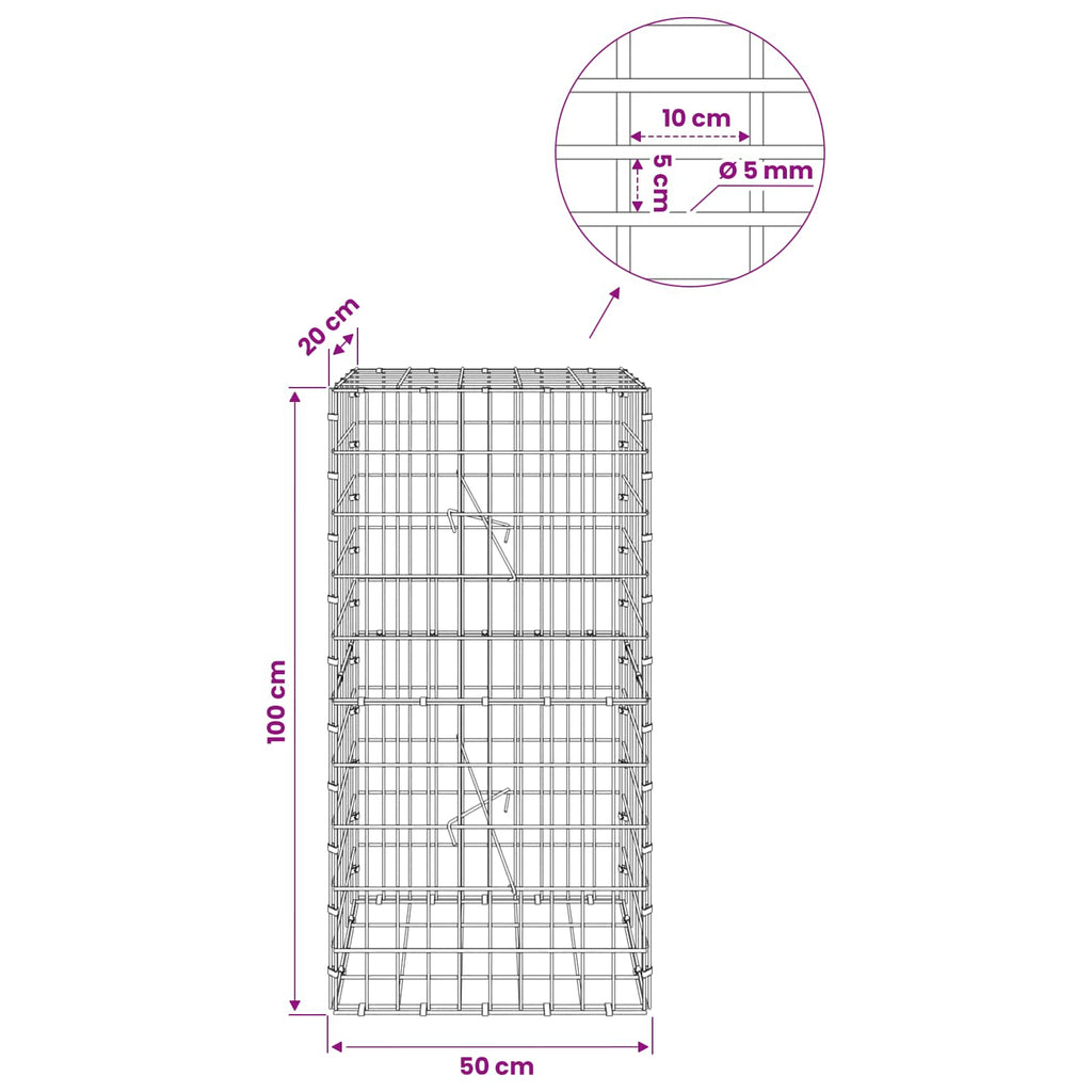 vidaXL Gabion z drutem 5 mm i siatką 5x10 cm 50x20x100 cm