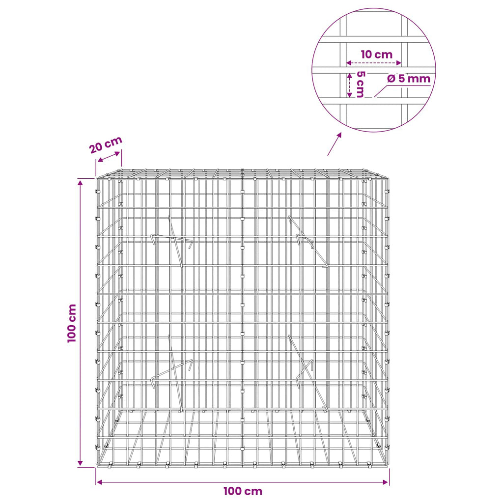vidaXL Gabion z drutem 5 mm i siatką 5x10 cm 100x20x100 cm