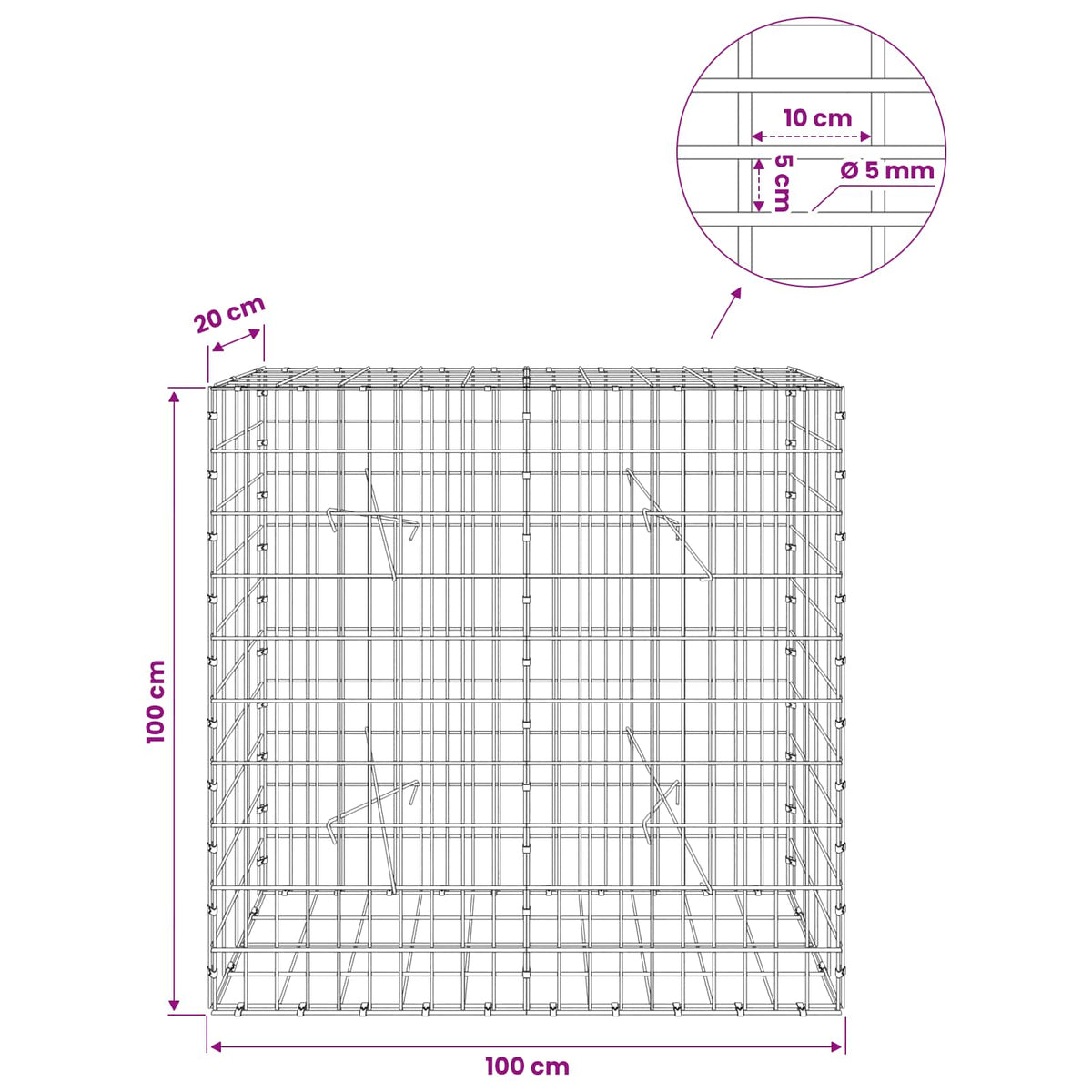 vidaXL Gabion z drutem 5 mm i siatką 5x10 cm 100x20x100 cm
