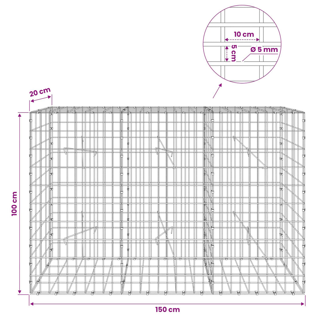 vidaXL Gabion z drutem 5 mm i siatką 5x10 cm 150x20x100 cm