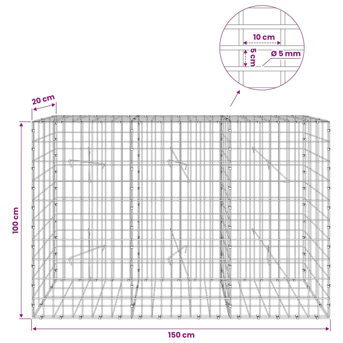vidaXL Gabion z drutem 5 mm i siatką 5x10 cm 150x20x100 cm