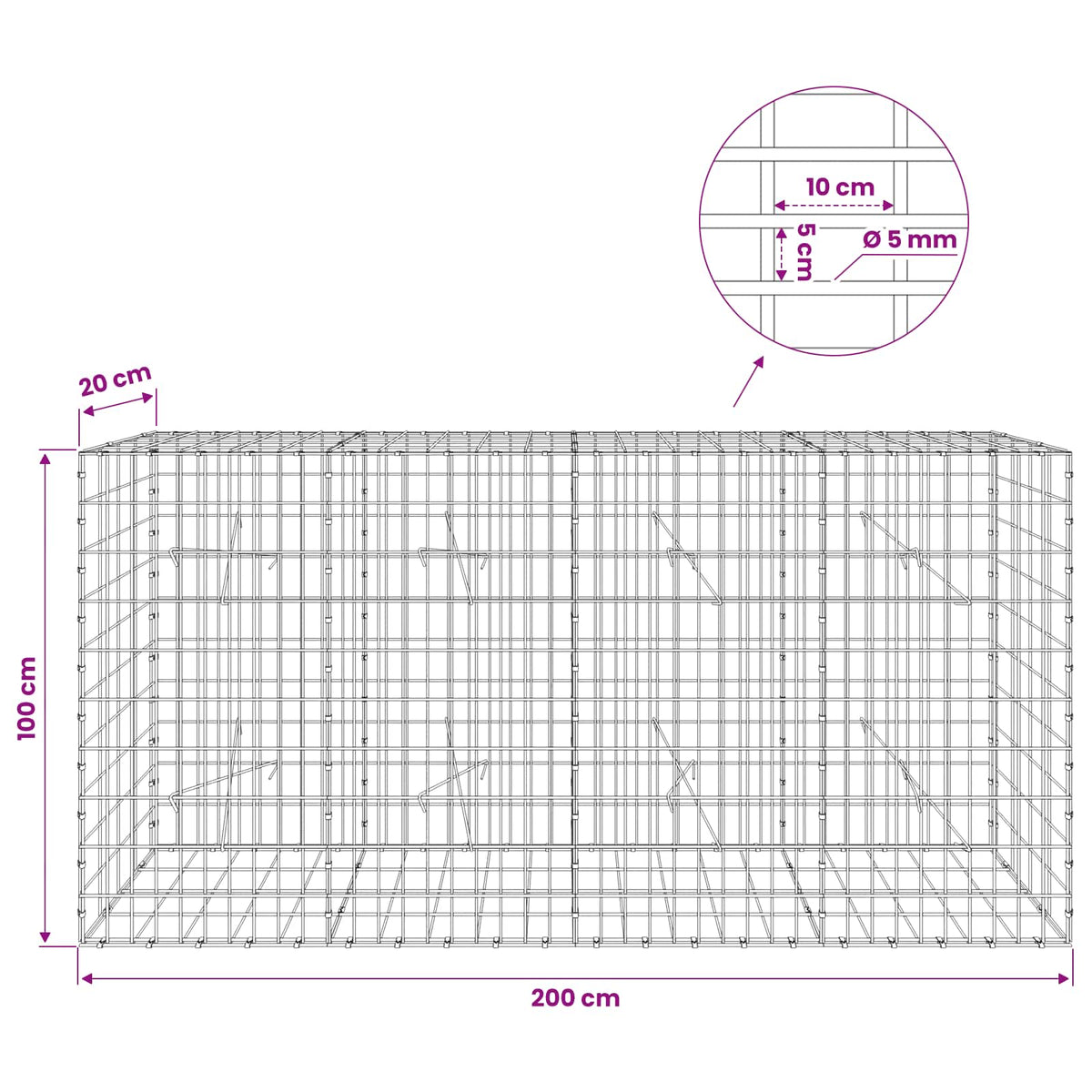 vidaXL Gabion z drutem 5 mm i siatką 5x10 cm 200x20x100 cm