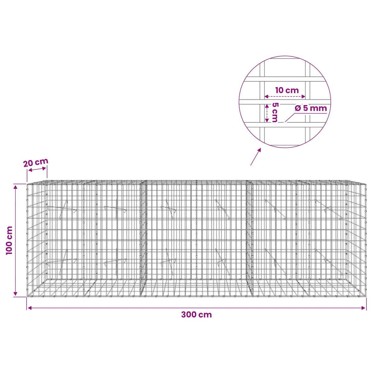 vidaXL Gabion z drutem 5 mm i siatką 5x10 cm 300x20x100 cm