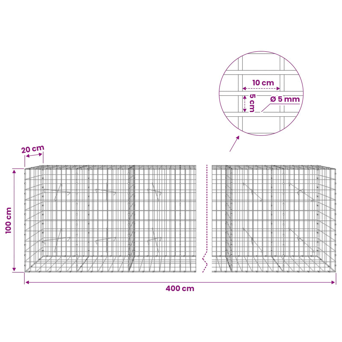 vidaXL Gabion z drutem 5 mm i siatką 5x10 cm 400x20x100 cm