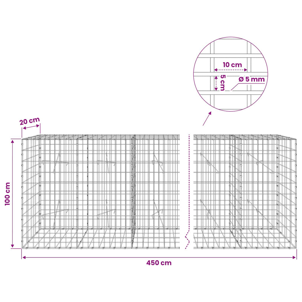 vidaXL Gabion z drutem 5 mm i siatką 5x10 cm 450x20x100 cm